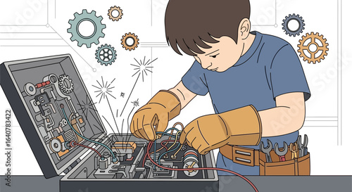 Illustration of a young boy repairing electrical equipment with safety gear on a workbench surrounded by gears