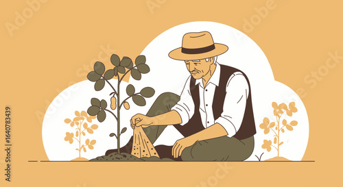 Illustration of a farmer planting seeds next to a peanut plant in a field