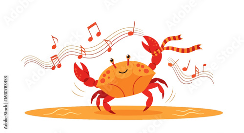 Happy Crab Cartoon Character Dancing with Musical Notes on Coastal Sandbank