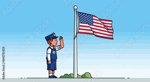 Illustration of a young boy scout saluting the United States of America flag with patriotic fervor and respect for nation