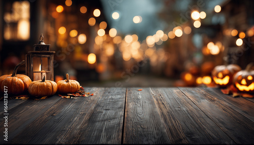 The empty black wooden table top with blur background of Halloween season. fire pumpkins on wood table, For product display ,Empty dark wood table top with blurred bright Thanksgiving background