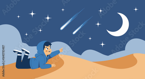 Illustration of a young boy watching shooting stars in the night sky landscape