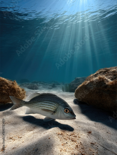Common dentex fish swimming over sandy seabed with sunlight rays underwater, surrounded by rocks and clear blue water, peaceful marine scene