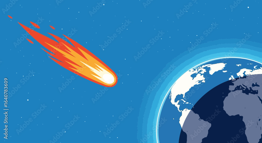 Naklejka premium Illustration of a fiery meteor hurtling towards planet earth in deep blue space