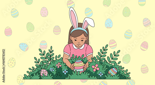 Happy Easter Time Girl Holding Egg Hiding Behind Bush With Bunny Ears