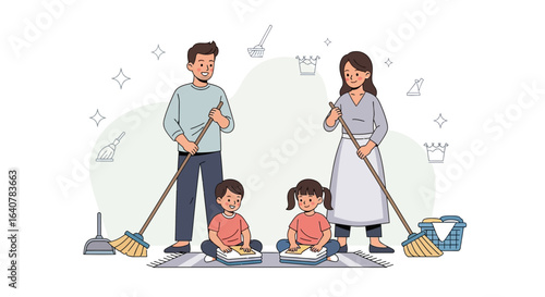 Happy family cleaning the house together illustration showing shared responsibilities and good household partnership happy parents