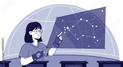 Illustration of a young female astronomer using augmented reality for star mapping in a planetarium or observatory
