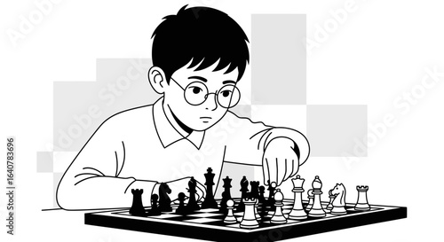 Illustration of a focused boy with glasses playing chess, strategic thinking in progress, vector art
