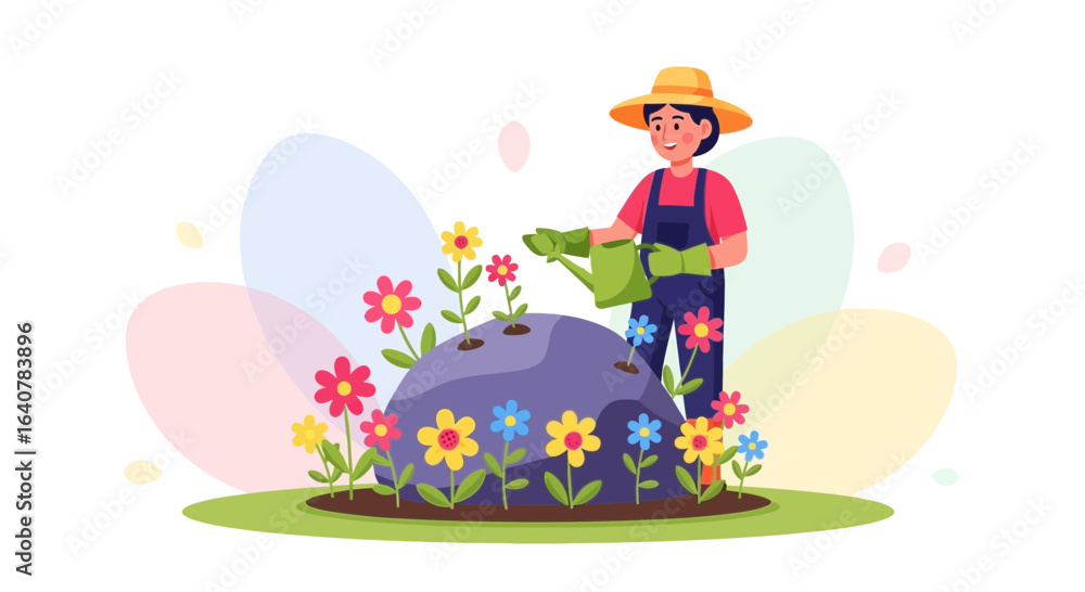 Fototapeta premium Illustration of a gardener watering flowers on a rock, symbolizing growth and care in nature