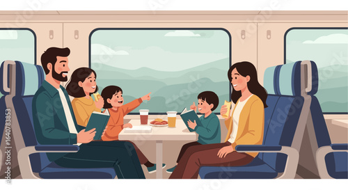 Happy family enjoying a train journey with scenic views and onboard dining and bonding together