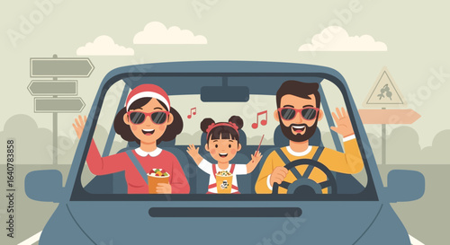 Happy family enjoying a road trip vacation with sunglasses and cheerful expressions