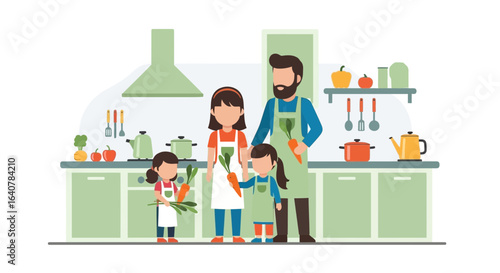 Happy family preparing food together in the kitchen with cooking utensils and vegetables in a bright environment
