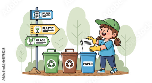 Illustration of a young girl recycling paper into a designated bin with enthusiasm to conserve and care for the environment