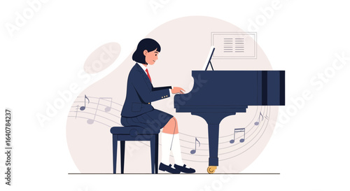 Illustration of a girl playing the piano in school uniform with musical notes floating around creating a melody