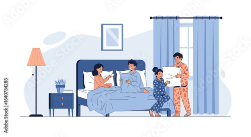 Happy Family Playing Pillow Fight in Bedroom Having Fun Together Time
