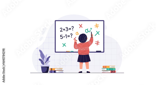 Illustration of a girl solving math problems on a whiteboard in a classroom scene