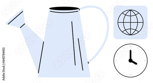 Watering can symbolizing care and growth, globe representing global responsibility, and clock for time awareness. Ideal for sustainability, environmental care, growth, time management, global