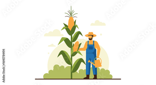 Happy Farmer Growing Corn With A Watering Can On A Sunny Day