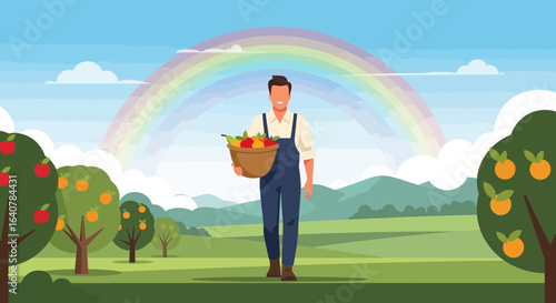 Happy farmer harvesting fruit in a beautiful orchard with a rainbow backdrop