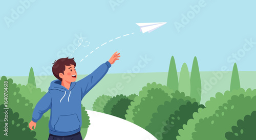 Illustration of a young man launching a paper airplane into the sky outdoors with trees