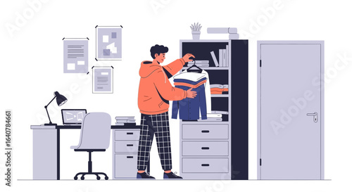 Illustration of a young man putting clothes away in his closet in a modern bedroom apartment