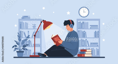 Illustration of a young man reading a book at night with headphones on in his library