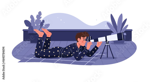 Illustration of a young man stargazing with a telescope at night in pajamas