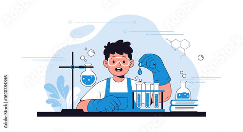 Illustration of a young scientist conducting experiments in a laboratory setting