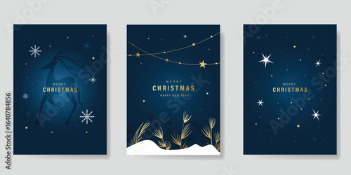 Christmas and Happy Holidays invitation card design vector. Pine leaves, star, snowflake, reindeer on navy blue background. Design for Season's Greeting, Christmas, cover.