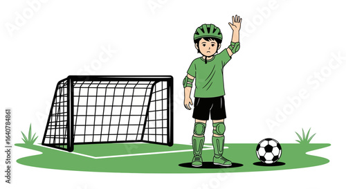 Illustration of a young soccer player wearing protective gear on the field near a goalpost