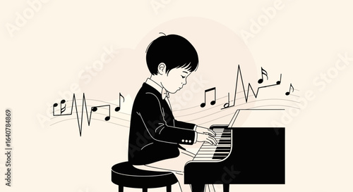 Illustration of a young talented pianist practicing with musical notes floating around