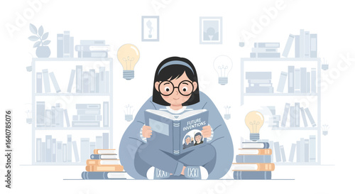 Illustration of a young woman reading a book surrounded by bookshelves and lightbulbs symbolizing ideas and learning