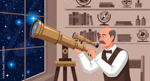 Illustration of an astronomer observing the night sky through a telescope in his study