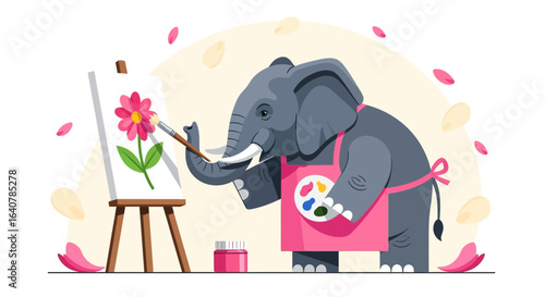 Illustration of an elephant painting a flower on a canvas showcasing creativity and skill