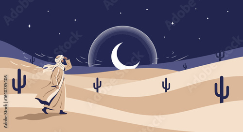 Illustration of Arab Man in Desert Landscape Under Crescent Moon and Starry Sky