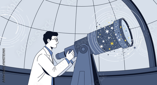 Illustration of astronomer using telescope in observatory to research space and stars