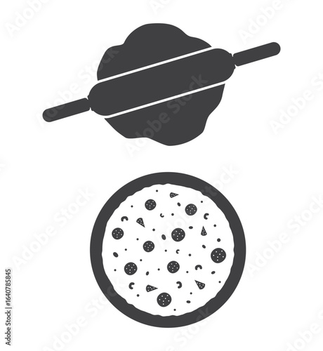 rolling pin on dough and pizza icon set