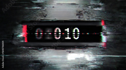 Glitchy digital countdown timer displaying '010' on a distorted background.