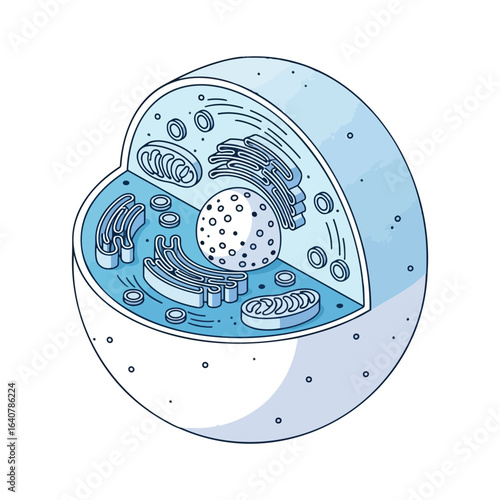 Cross-sectional illustration of a biological cell, showcasing internal organelles and structures.