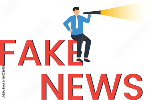 Fake News Concept: Businessman with Telescope, Red Text ,observation analysis, scrutiny investigation, information media, visual representation, business concept, news concept, information concept,