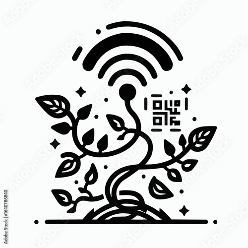 Cyberflora: digital plant illustration with QR code and wireless signals on white background
