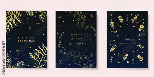 Christmas and Happy Holidays invitation card design vector. Pine leaves, snowflake, spot texture on navy blue background. Design for Season's Greeting, Christmas, cover.