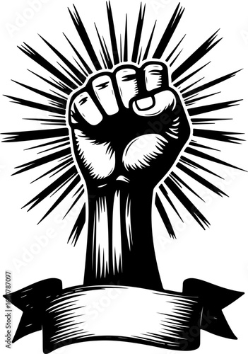 Raised Fist Power Symbol – Black and White Revolution Art with Banner" vector bundl