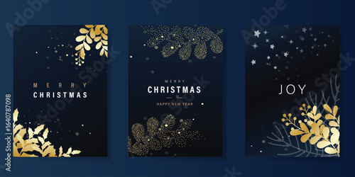 Christmas and Happy Holidays invitation card design vector. Pine leaves, snowflake, spot texture on navy blue background. Design for Season's Greeting, Christmas, cover.