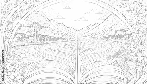 Coloring page: intricate landscape illustration of a river and mountains inside an open book
