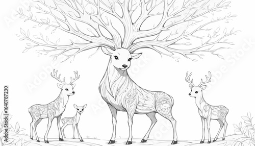 Coloring page: intricate illustration of deer family with a large tree in the background