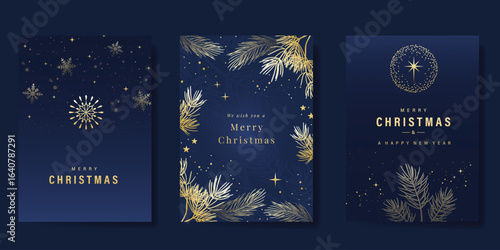 Christmas and Happy Holidays invitation card design vector. Pine leaves, snowflake, spot texture on navy blue background. Design for Season's Greeting, Christmas, cover.