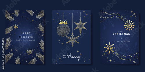Christmas and Happy Holidays invitation card design vector. Pine leaves, snowflake, bauble, spot texture on navy blue background. Design for Season's Greeting, Christmas, cover.