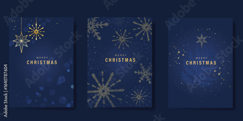 Christmas and Happy Holidays invitation card design vector. Pine leaves, snowflake, hanging bauble, spot texture on navy blue background. Design for Season's Greeting, Christmas, cover.