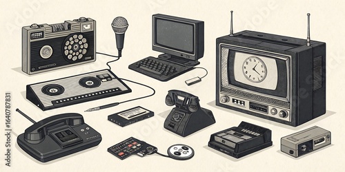 Collection of vintage electronic devices and retro technology from the past